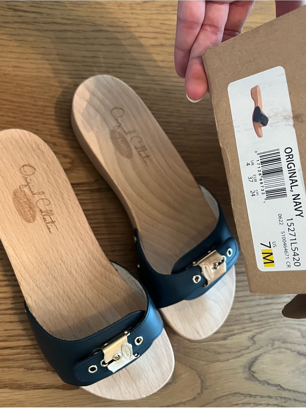 Dr. Scholl's navy the original icon   Leather Slide Mules wood summer adjustable - Picture 6 of 12